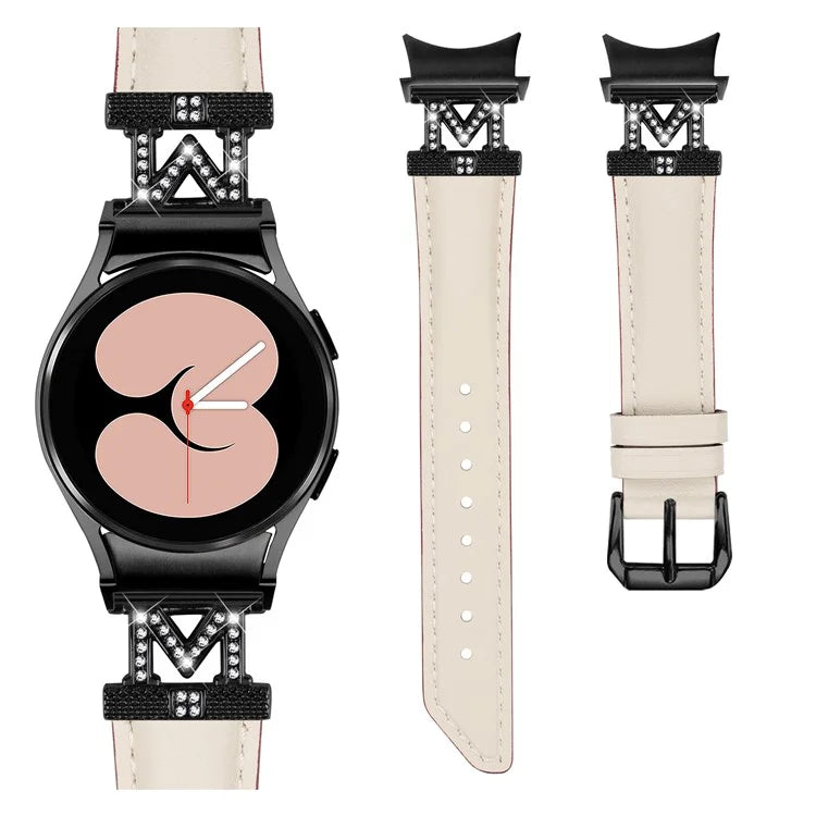 Watch Band for Samsung Galaxy Watch 5 / Watch4 44mm 40mm Rhinestone M-shape Connector Genuine Cow Leather Strap with Black Buckle