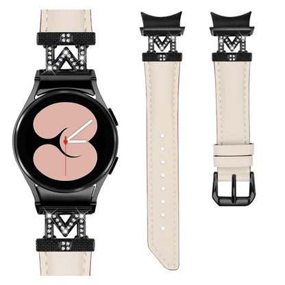 Watch Band for Samsung Galaxy Watch 5 / Watch4 44mm 40mm Rhinestone M-shape Connector Genuine Cow Leather Strap with Black Buckle