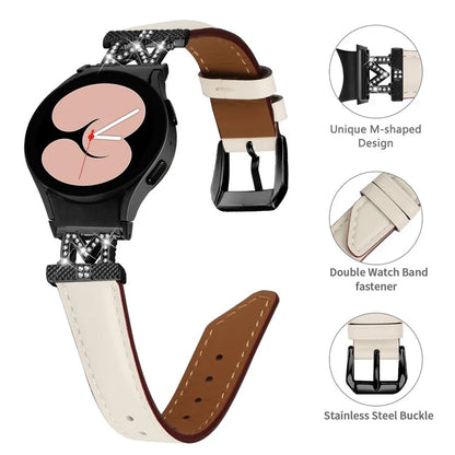 Watch Band for Samsung Galaxy Watch 5 / Watch4 44mm 40mm Rhinestone M-shape Connector Genuine Cow Leather Strap with Black Buckle