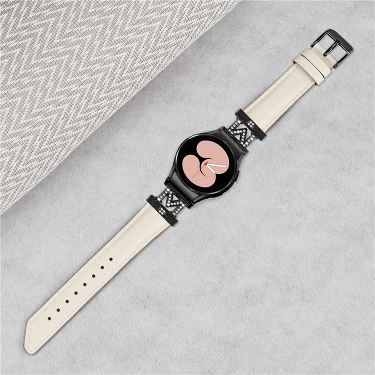 Watch Band for Samsung Galaxy Watch 5 / Watch4 44mm 40mm Rhinestone M-shape Connector Genuine Cow Leather Strap with Black Buckle