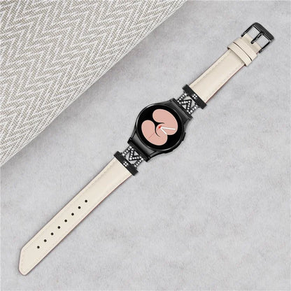 Watch Band for Samsung Galaxy Watch 5 / Watch4 44mm 40mm Rhinestone M-shape Connector Genuine Cow Leather Strap with Black Buckle