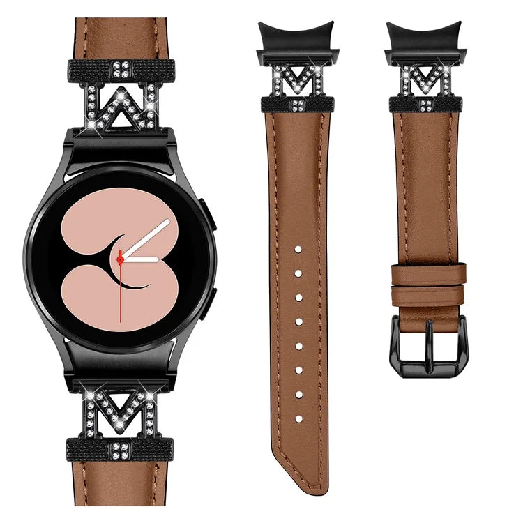 Watch Band for Samsung Galaxy Watch 5 / Watch4 44mm 40mm Rhinestone M-shape Connector Genuine Cow Leather Strap with Black Buckle