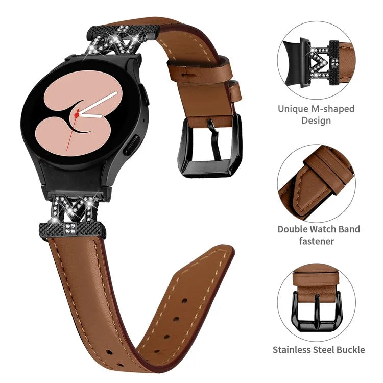 Watch Band for Samsung Galaxy Watch 5 / Watch4 44mm 40mm Rhinestone M-shape Connector Genuine Cow Leather Strap with Black Buckle