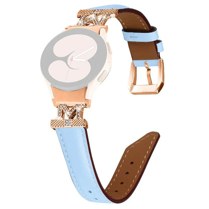 Genuine Cow Leather Band for Samsung Galaxy Watch 5 / Watch4 44mm 40mm Rhinestone M-shape Connector Strap with Rose Gold Buckle