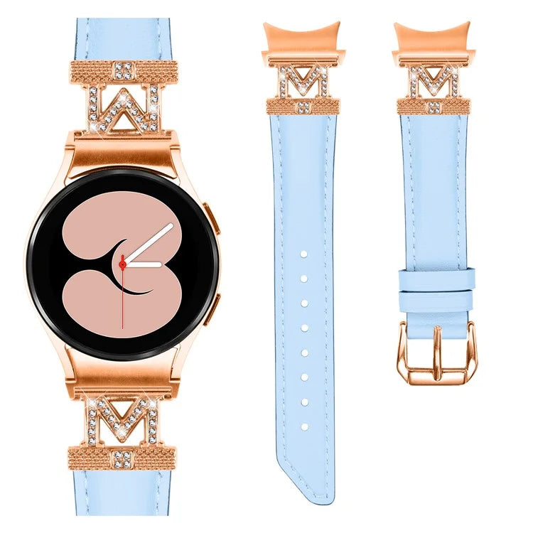 Genuine Cow Leather Band for Samsung Galaxy Watch 5 / Watch4 44mm 40mm Rhinestone M-shape Connector Strap with Rose Gold Buckle