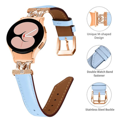 Genuine Cow Leather Band for Samsung Galaxy Watch 5 / Watch4 44mm 40mm Rhinestone M-shape Connector Strap with Rose Gold Buckle