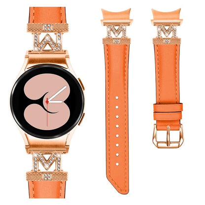 Genuine Cow Leather Band for Samsung Galaxy Watch 5 / Watch4 44mm 40mm Rhinestone M-shape Connector Strap with Rose Gold Buckle