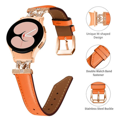 Genuine Cow Leather Band for Samsung Galaxy Watch 5 / Watch4 44mm 40mm Rhinestone M-shape Connector Strap with Rose Gold Buckle