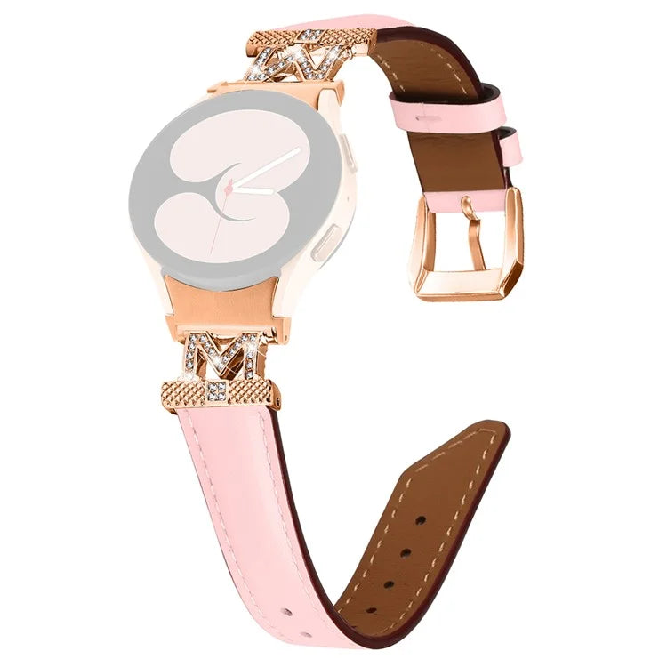 Genuine Cow Leather Band for Samsung Galaxy Watch 5 / Watch4 44mm 40mm Rhinestone M-shape Connector Strap with Rose Gold Buckle