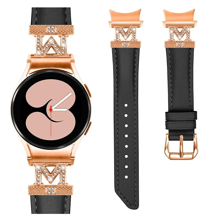 Genuine Cow Leather Band for Samsung Galaxy Watch 5 / Watch4 44mm 40mm Rhinestone M-shape Connector Strap with Rose Gold Buckle