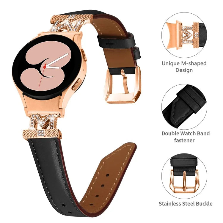 Genuine Cow Leather Band for Samsung Galaxy Watch 5 / Watch4 44mm 40mm Rhinestone M-shape Connector Strap with Rose Gold Buckle