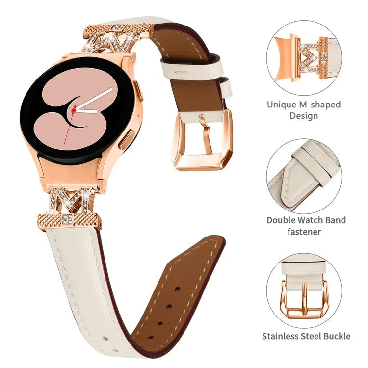 Genuine Cow Leather Band for Samsung Galaxy Watch 5 / Watch4 44mm 40mm Rhinestone M-shape Connector Strap with Rose Gold Buckle
