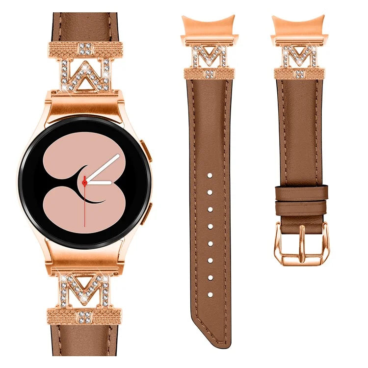 Genuine Cow Leather Band for Samsung Galaxy Watch 5 / Watch4 44mm 40mm Rhinestone M-shape Connector Strap with Rose Gold Buckle