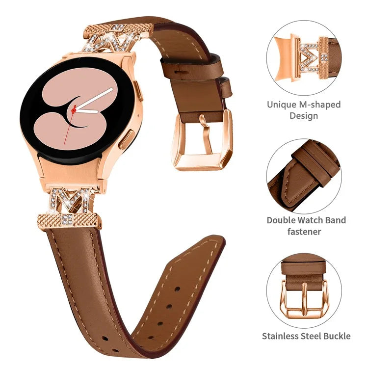 Genuine Cow Leather Band for Samsung Galaxy Watch 5 / Watch4 44mm 40mm Rhinestone M-shape Connector Strap with Rose Gold Buckle