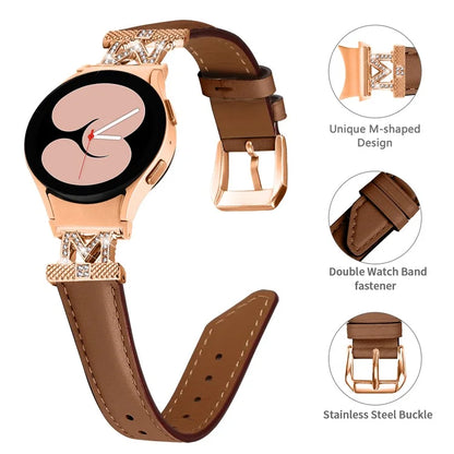 Genuine Cow Leather Band for Samsung Galaxy Watch 5 / Watch4 44mm 40mm Rhinestone M-shape Connector Strap with Rose Gold Buckle