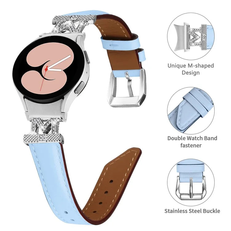 Watch Band for Samsung Galaxy Watch6 40mm 44mm / Watch6 Classic 43mm 47mm Genuine Cow Leather Rhinestone M-shape Connector Strap with Silver Buckle