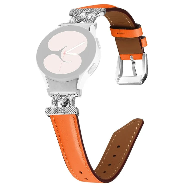 Watch Band for Samsung Galaxy Watch6 40mm 44mm / Watch6 Classic 43mm 47mm Genuine Cow Leather Rhinestone M-shape Connector Strap with Silver Buckle