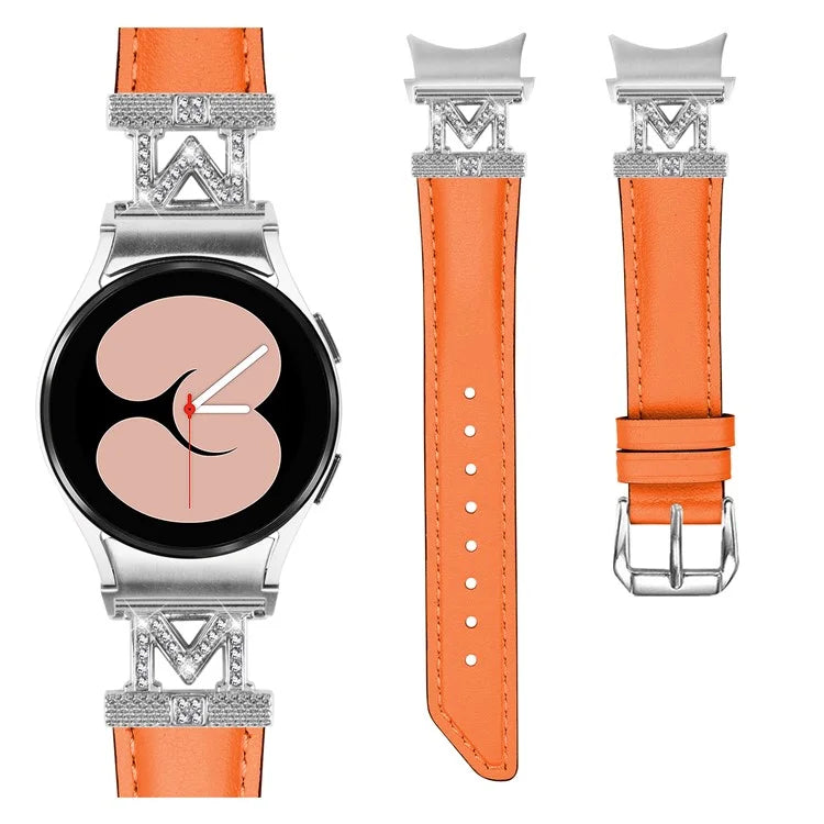 Watch Band for Samsung Galaxy Watch6 40mm 44mm / Watch6 Classic 43mm 47mm Genuine Cow Leather Rhinestone M-shape Connector Strap with Silver Buckle