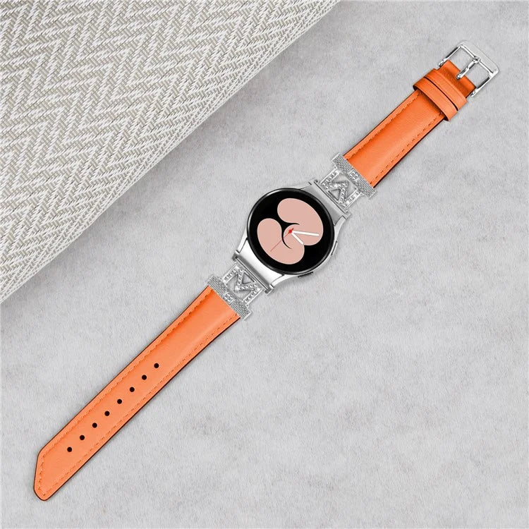 Watch Band for Samsung Galaxy Watch6 40mm 44mm / Watch6 Classic 43mm 47mm Genuine Cow Leather Rhinestone M-shape Connector Strap with Silver Buckle