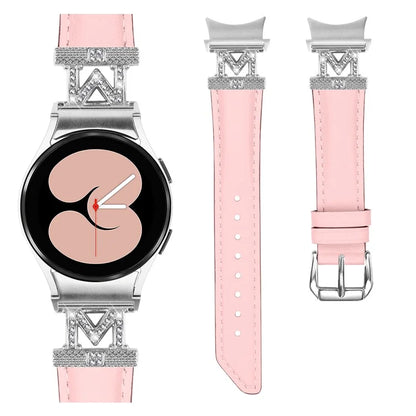 Watch Band for Samsung Galaxy Watch6 40mm 44mm / Watch6 Classic 43mm 47mm Genuine Cow Leather Rhinestone M-shape Connector Strap with Silver Buckle
