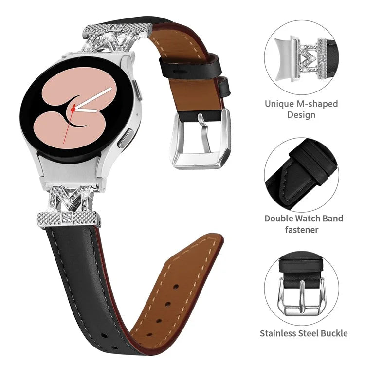 Watch Band for Samsung Galaxy Watch6 40mm 44mm / Watch6 Classic 43mm 47mm Genuine Cow Leather Rhinestone M-shape Connector Strap with Silver Buckle