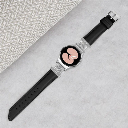 Watch Band for Samsung Galaxy Watch6 40mm 44mm / Watch6 Classic 43mm 47mm Genuine Cow Leather Rhinestone M-shape Connector Strap with Silver Buckle