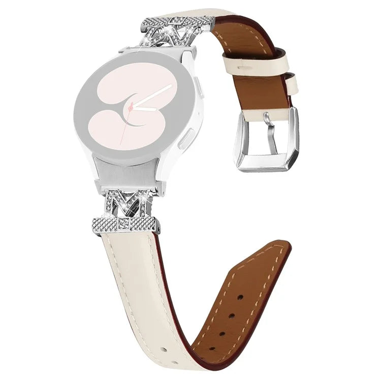 Watch Band for Samsung Galaxy Watch6 40mm 44mm / Watch6 Classic 43mm 47mm Genuine Cow Leather Rhinestone M-shape Connector Strap with Silver Buckle