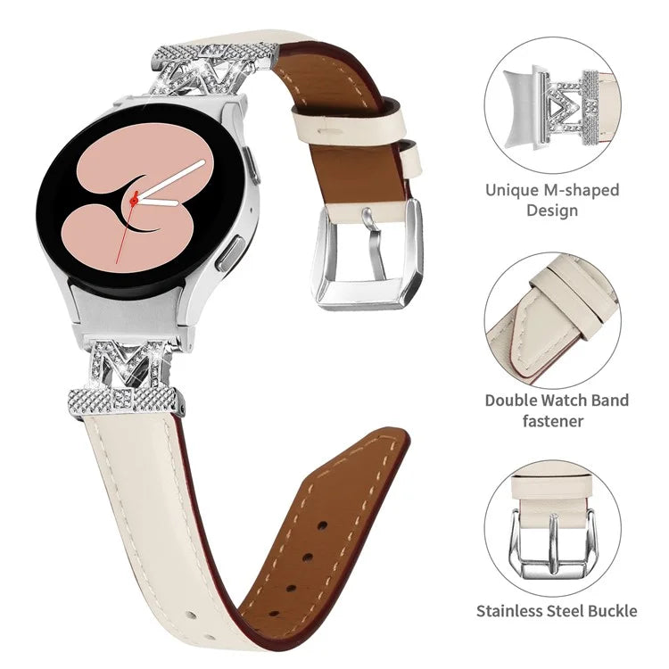 Watch Band for Samsung Galaxy Watch6 40mm 44mm / Watch6 Classic 43mm 47mm Genuine Cow Leather Rhinestone M-shape Connector Strap with Silver Buckle