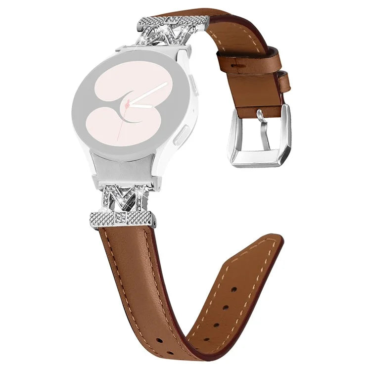 Watch Band for Samsung Galaxy Watch6 40mm 44mm / Watch6 Classic 43mm 47mm Genuine Cow Leather Rhinestone M-shape Connector Strap with Silver Buckle