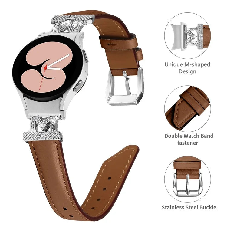 Watch Band for Samsung Galaxy Watch6 40mm 44mm / Watch6 Classic 43mm 47mm Genuine Cow Leather Rhinestone M-shape Connector Strap with Silver Buckle