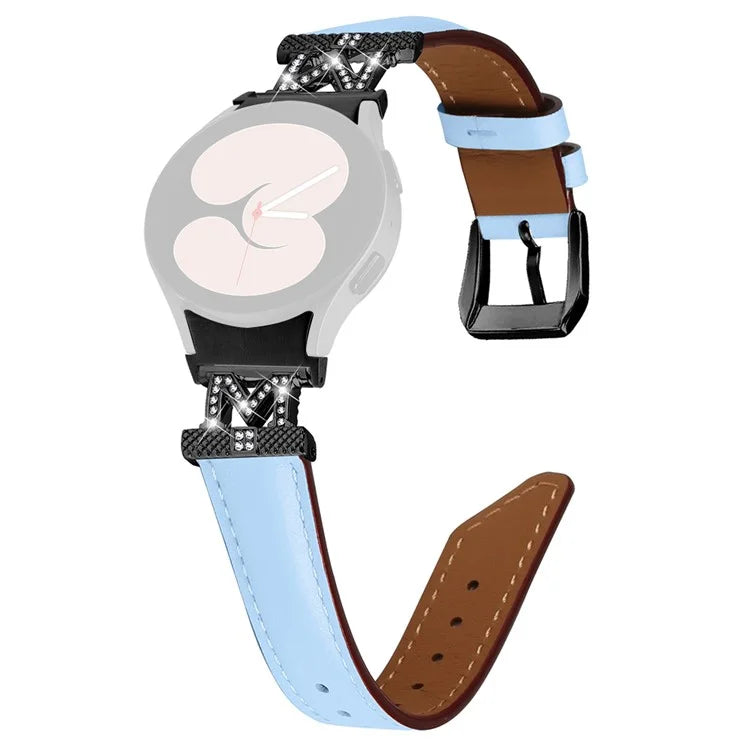 Genuine Cow Leather Band for Samsung Galaxy Watch6 40mm 44mm / Watch6 Classic 43mm 47mm Rhinestone M-shape Connector Watch Strap with Black Buckle