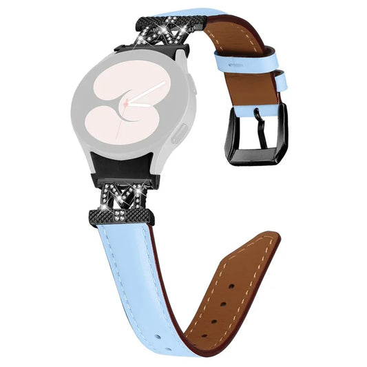 Genuine Cow Leather Band for Samsung Galaxy Watch6 40mm 44mm / Watch6 Classic 43mm 47mm Rhinestone M-shape Connector Watch Strap with Black Buckle