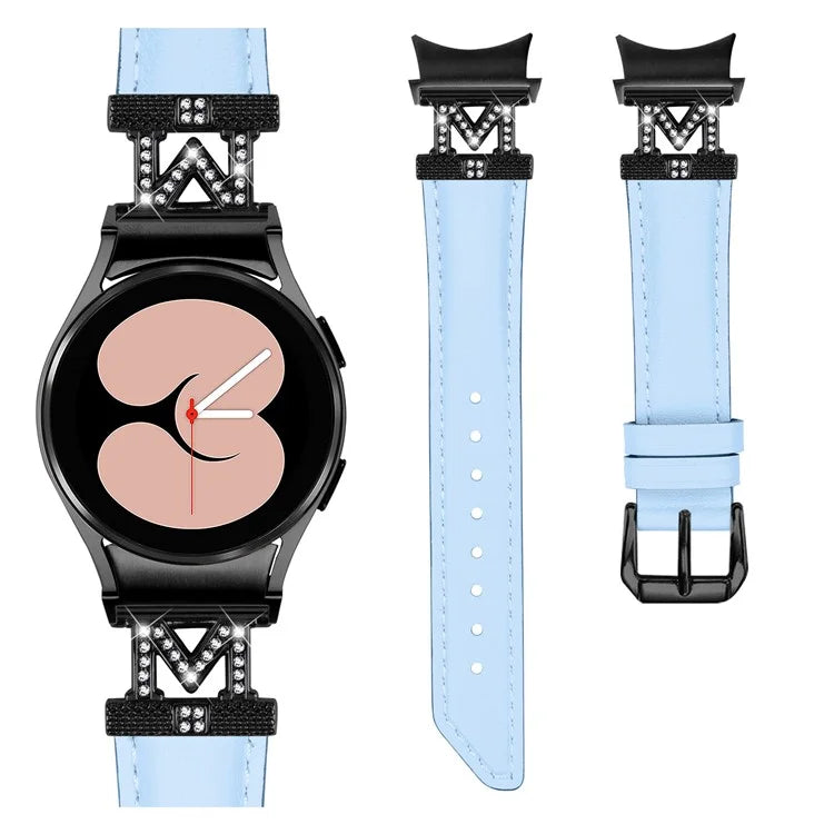 Genuine Cow Leather Band for Samsung Galaxy Watch6 40mm 44mm / Watch6 Classic 43mm 47mm Rhinestone M-shape Connector Watch Strap with Black Buckle