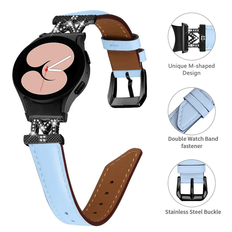 Genuine Cow Leather Band for Samsung Galaxy Watch6 40mm 44mm / Watch6 Classic 43mm 47mm Rhinestone M-shape Connector Watch Strap with Black Buckle