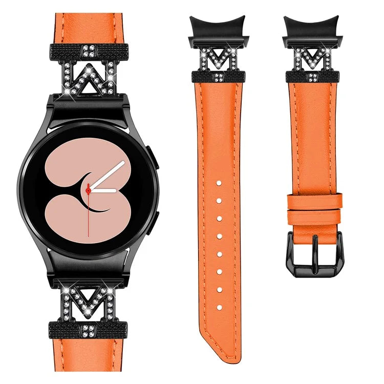 Genuine Cow Leather Band for Samsung Galaxy Watch6 40mm 44mm / Watch6 Classic 43mm 47mm Rhinestone M-shape Connector Watch Strap with Black Buckle