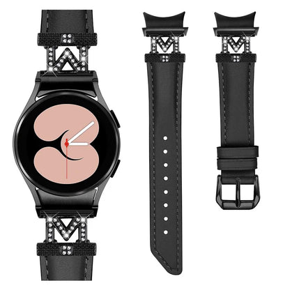 Genuine Cow Leather Band for Samsung Galaxy Watch6 40mm 44mm / Watch6 Classic 43mm 47mm Rhinestone M-shape Connector Watch Strap with Black Buckle