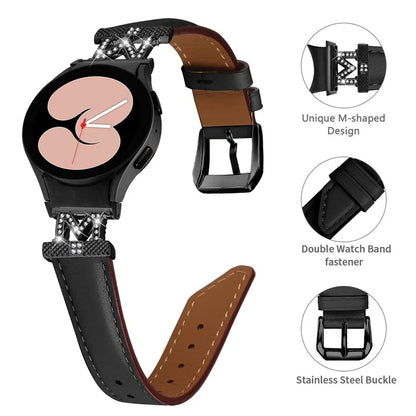 Genuine Cow Leather Band for Samsung Galaxy Watch6 40mm 44mm / Watch6 Classic 43mm 47mm Rhinestone M-shape Connector Watch Strap with Black Buckle