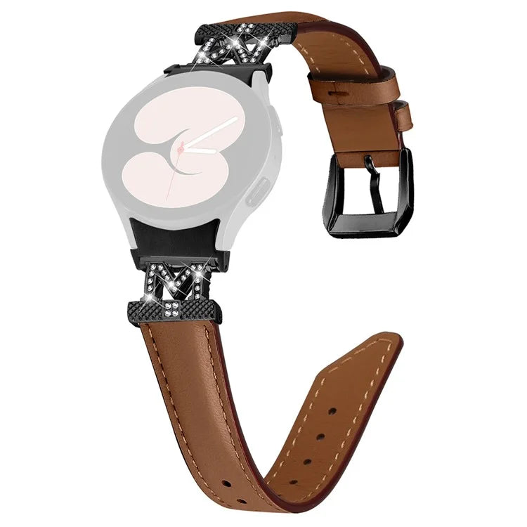 Genuine Cow Leather Band for Samsung Galaxy Watch6 40mm 44mm / Watch6 Classic 43mm 47mm Rhinestone M-shape Connector Watch Strap with Black Buckle
