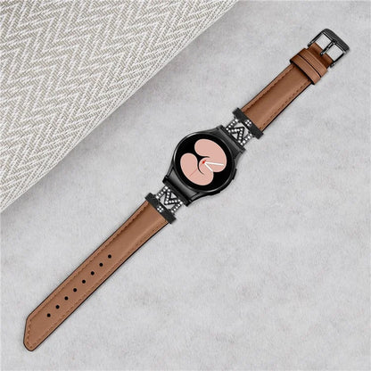 Genuine Cow Leather Band for Samsung Galaxy Watch6 40mm 44mm / Watch6 Classic 43mm 47mm Rhinestone M-shape Connector Watch Strap with Black Buckle