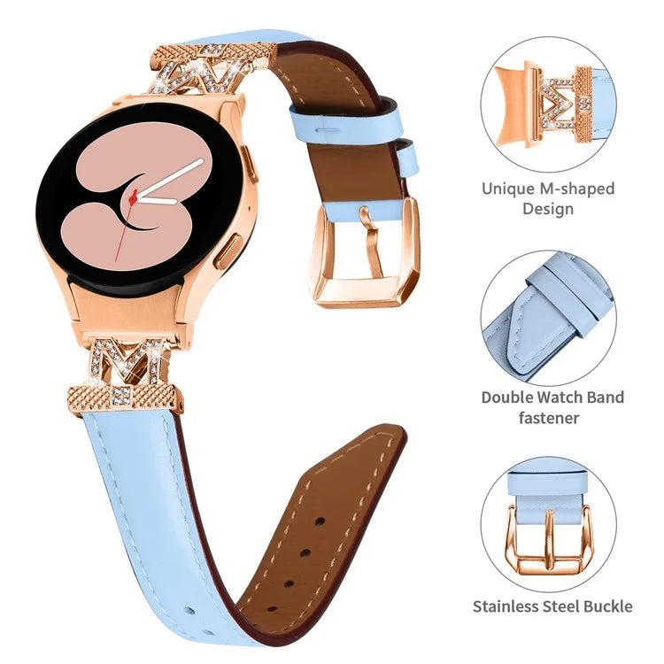Watch Strap for Samsung Galaxy Watch6 40mm 44mm / Watch6 Classic 43mm 47mm Rhinestone M-shape Connector Genuine Cow Leather Band with Rose Gold Buckle