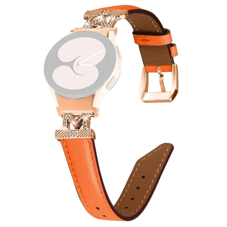 Watch Strap for Samsung Galaxy Watch6 40mm 44mm / Watch6 Classic 43mm 47mm Rhinestone M-shape Connector Genuine Cow Leather Band with Rose Gold Buckle