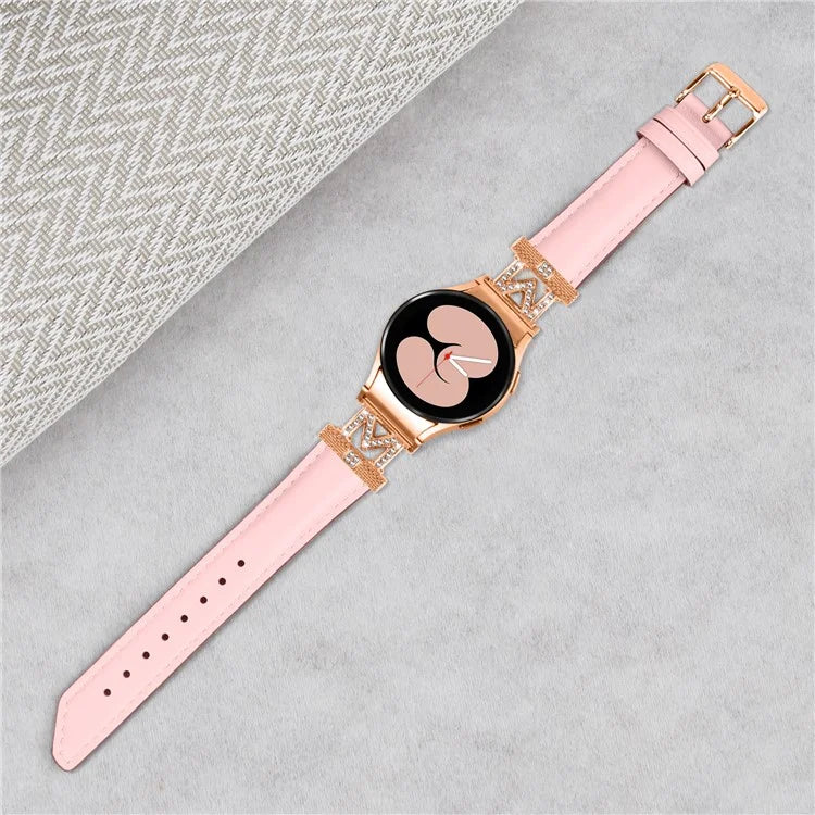 Watch Strap for Samsung Galaxy Watch6 40mm 44mm / Watch6 Classic 43mm 47mm Rhinestone M-shape Connector Genuine Cow Leather Band with Rose Gold Buckle