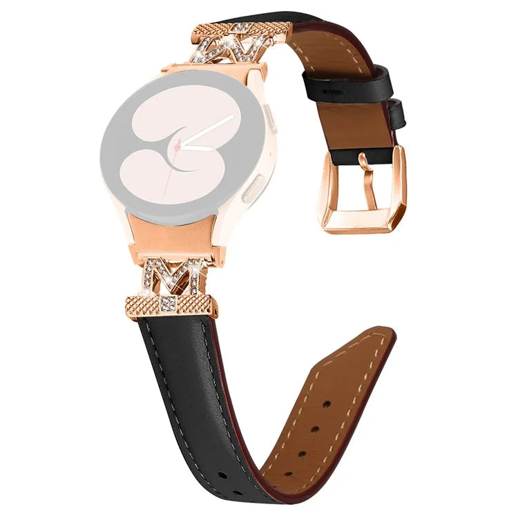Watch Strap for Samsung Galaxy Watch6 40mm 44mm / Watch6 Classic 43mm 47mm Rhinestone M-shape Connector Genuine Cow Leather Band with Rose Gold Buckle