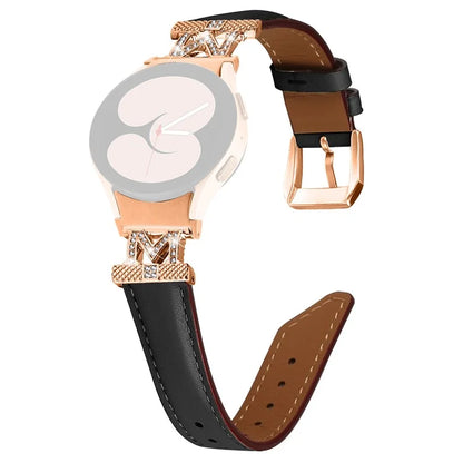 Watch Strap for Samsung Galaxy Watch6 40mm 44mm / Watch6 Classic 43mm 47mm Rhinestone M-shape Connector Genuine Cow Leather Band with Rose Gold Buckle