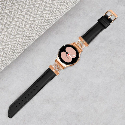 Watch Strap for Samsung Galaxy Watch6 40mm 44mm / Watch6 Classic 43mm 47mm Rhinestone M-shape Connector Genuine Cow Leather Band with Rose Gold Buckle