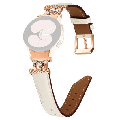 Watch Strap for Samsung Galaxy Watch6 40mm 44mm / Watch6 Classic 43mm 47mm Rhinestone M-shape Connector Genuine Cow Leather Band with Rose Gold Buckle
