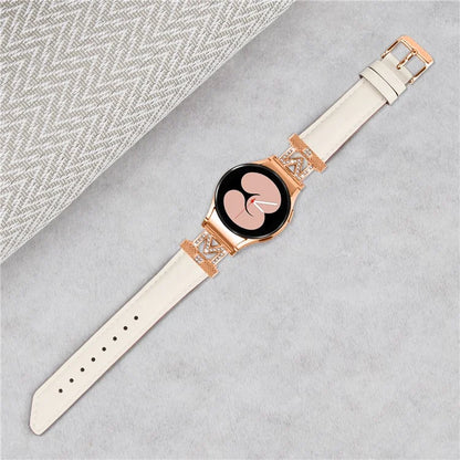 Watch Strap for Samsung Galaxy Watch6 40mm 44mm / Watch6 Classic 43mm 47mm Rhinestone M-shape Connector Genuine Cow Leather Band with Rose Gold Buckle