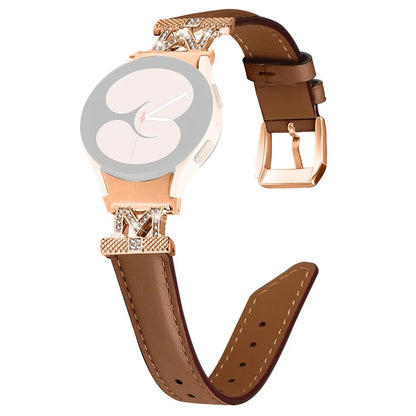 Watch Strap for Samsung Galaxy Watch6 40mm 44mm / Watch6 Classic 43mm 47mm Rhinestone M-shape Connector Genuine Cow Leather Band with Rose Gold Buckle