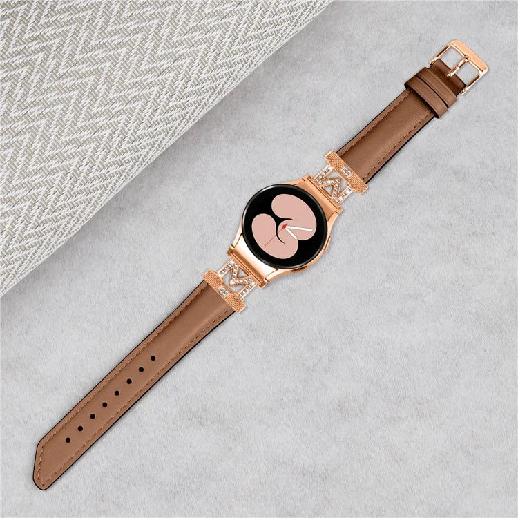 Watch Strap for Samsung Galaxy Watch6 40mm 44mm / Watch6 Classic 43mm 47mm Rhinestone M-shape Connector Genuine Cow Leather Band with Rose Gold Buckle