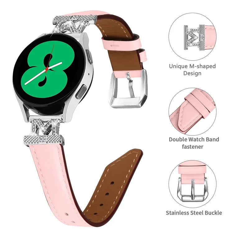 Watch Band for Samsung Galaxy Watch3 41mm 45mm / Watch 5 40mm 44mm , Rhinestone M-shape Design 20mm Slim Strap with Silver Buckle